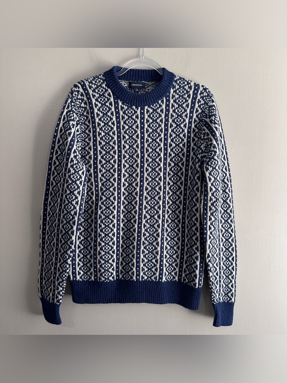 J. Crew 100% Lambswool Fair Isle Navy Blue Cream Crew Ski Sweater Mens Medium